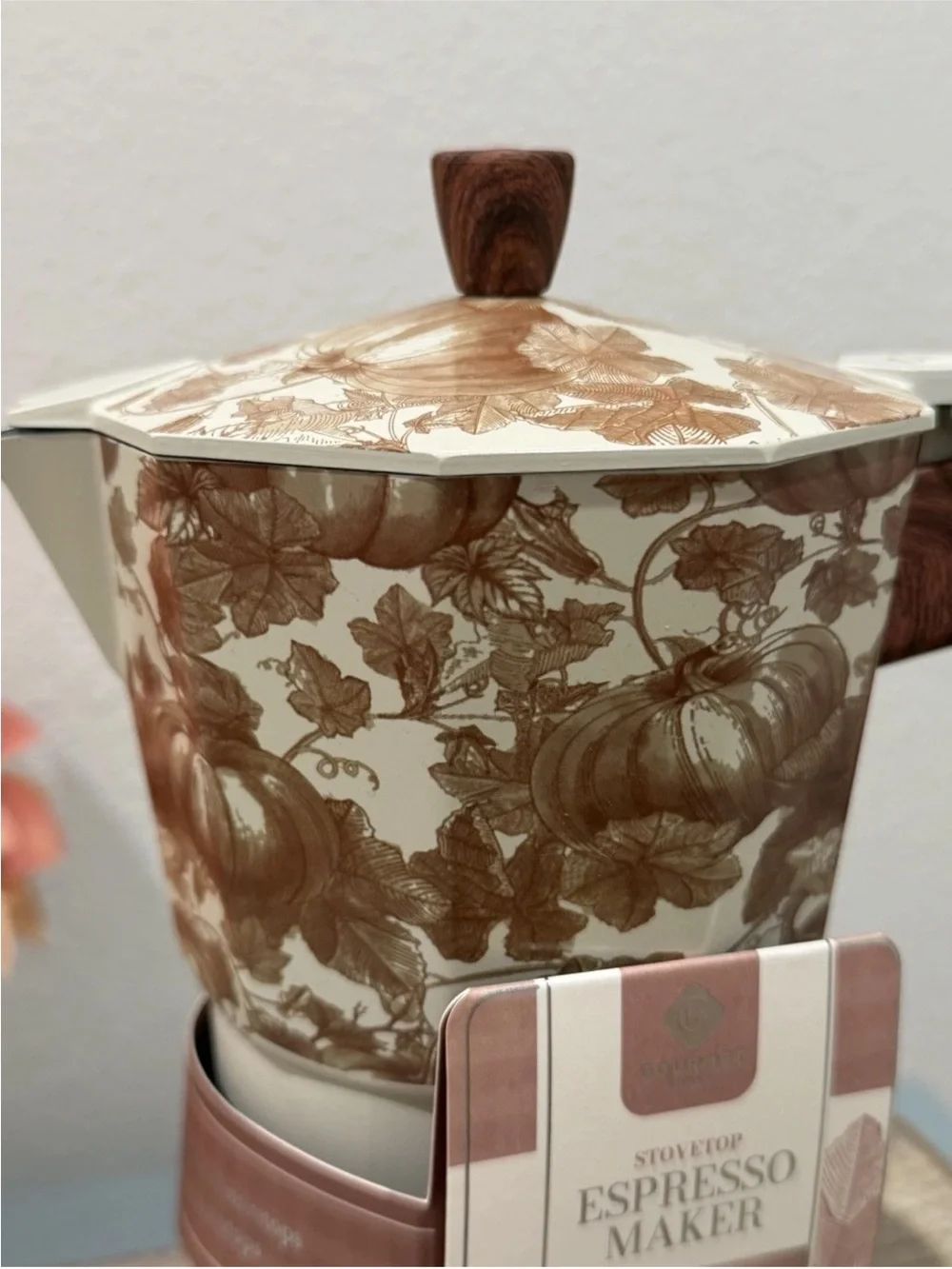 Beautiful Stovetop Pumpkin Fall Espresso Maker 9 Cup Coffee W/ Solid Wood Handle